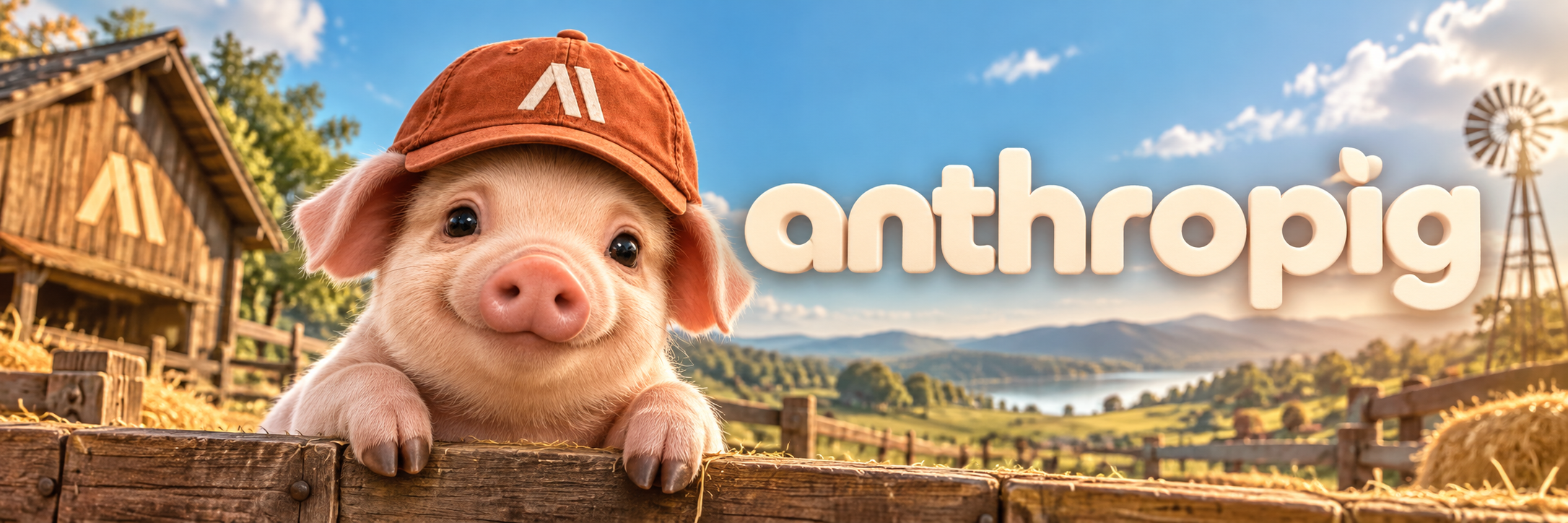 anthropig leaning on a wooden farm fence in its coral cap, with the anthropig wordmark over a sunny countryside